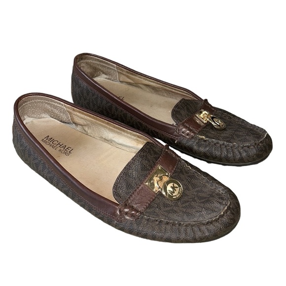 Michael Kors Hamilton Brown MK Logo Gold Padlock Loafers - 9 - Picture 2 of 16